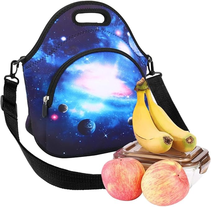Violet Mist Womens Neoprene Insulated Galaxy Space lunch Bag Lunch Tote Bag Thermal Lunch Box with Extra Pocket Detachable Adjustable Shoulder Lunchbox Food Handbags Gift for Women Men Blue Star Sky