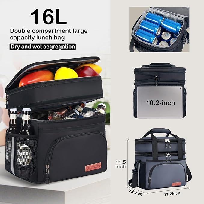 Lunch Box for Men/Women,Large Double-Layer Insulated Expandable Reusable Leakproof Cooler Bags for Adults,Lunch Bag with Adjustable Shoulder Strap for Office Travel Picnic（Dark Gray）