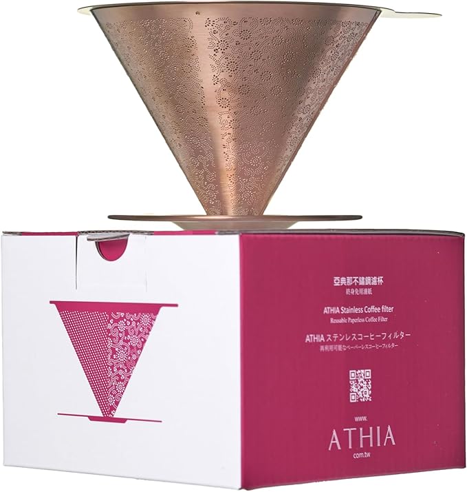ATHIA Golden Reusable Coffee Filter, Stainless Steel Pour Over Dripper with Laser-etched Mesh cone, Eco-friendly Paperless Design, Fits Most Mugs, Carafes & Hario Brewers (Rose Golden, Flower Carving)