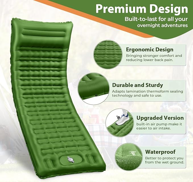 Camping Sleeping Pads Extra Thick,76.7x26x5'' Self Inflating Camping Pad with Pillow Built-in Pump,Ultralight Sleeping Mat for Single,Super Portable Camping Air Mattress for Hiking,Picnic(Army Green)