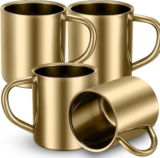 Cunhill 4 Set 7.5oz/220ml Stainless Steel Coffee Mug with Handle Metal Double Walled Cups Camping Mug Dishwasher Safe Tea Cups for Home Travel Camping Outdoors Rv Keep Drinks Hot (Gold)