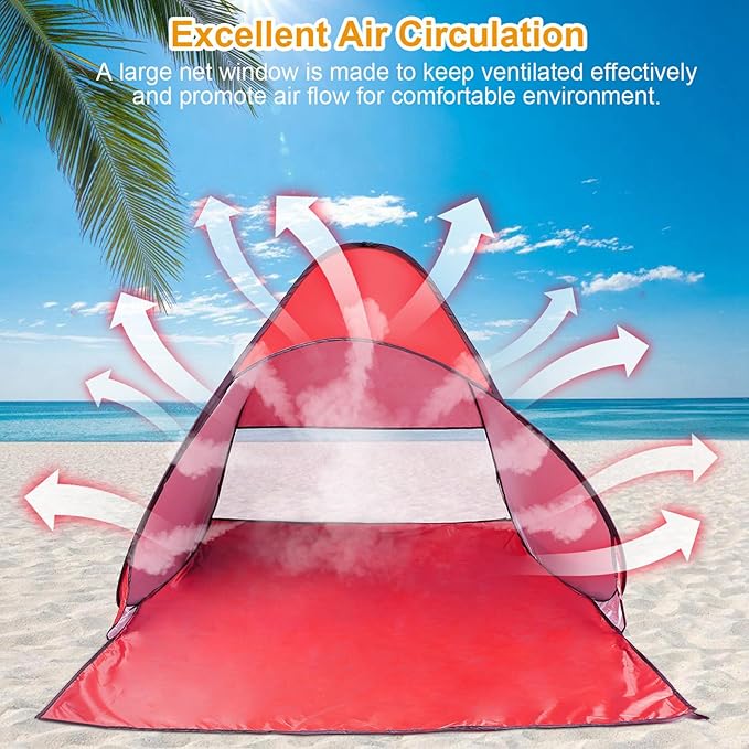 Pop Up Beach Tent for 2-3 Person, UPF50+ Anti-UV Sun Shelter w/Storage Bag, Portable Waterproof Instant Sun Shade Canopy for Outdoor Beach Camping Hiking Travel Family, Red