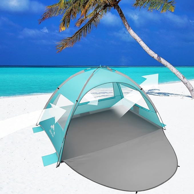 Oileus Beach Tent 2-3 Person Portable Sun Shade Shelter UV Protection, Extended Floor Ventilating Mesh Roll Up Windows Carrying Bag Stakes 6 Sand Pockets Fishing Hiking Camping, Sky Blue