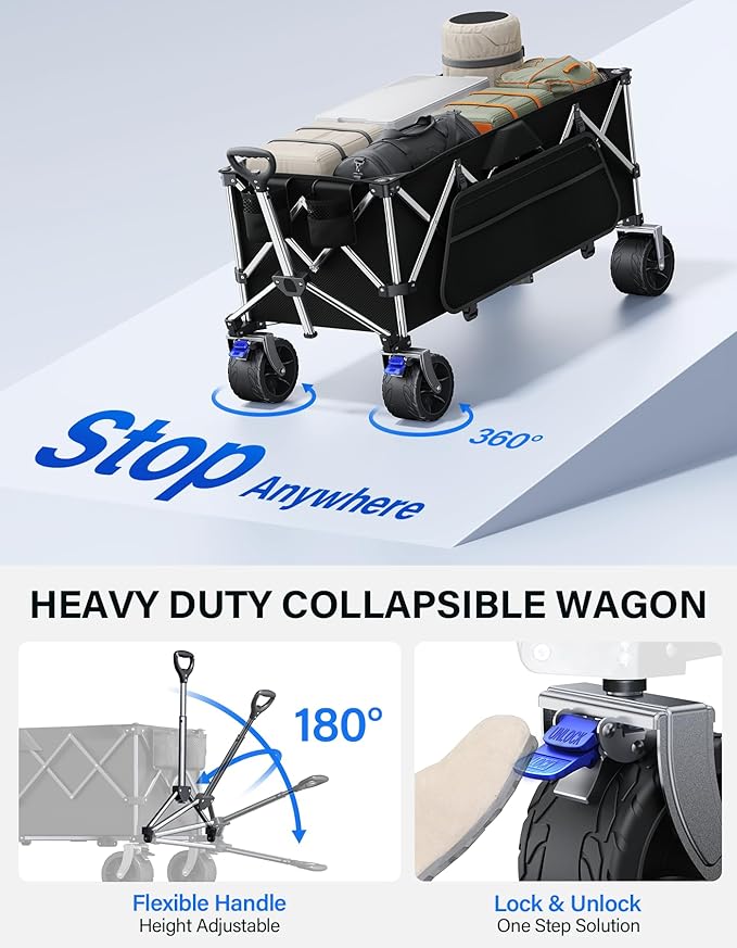Collapsible Wagon, 440 lbs Foldable Wagons Carts with Big Wheels, Heavy Duty Folding Wagon for Beach/Garden/Camping/Grocery-Dark Black