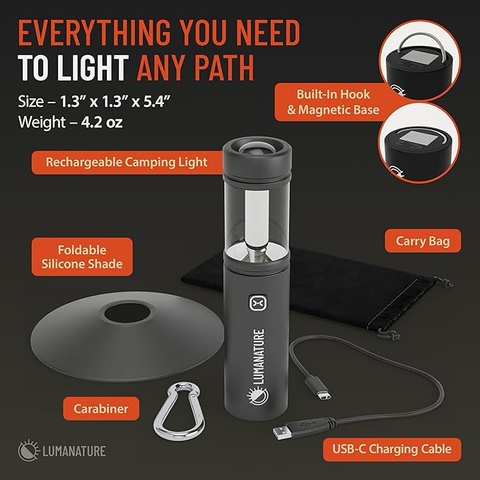Rechargeable Camping Lantern – LED Outdoor Light with Flashlight & Lantern Modes, Magnetic Base & Hanging Hooks – Waterproof Emergency Light for Camping Backpacking Hiking & Power Outages - Black
