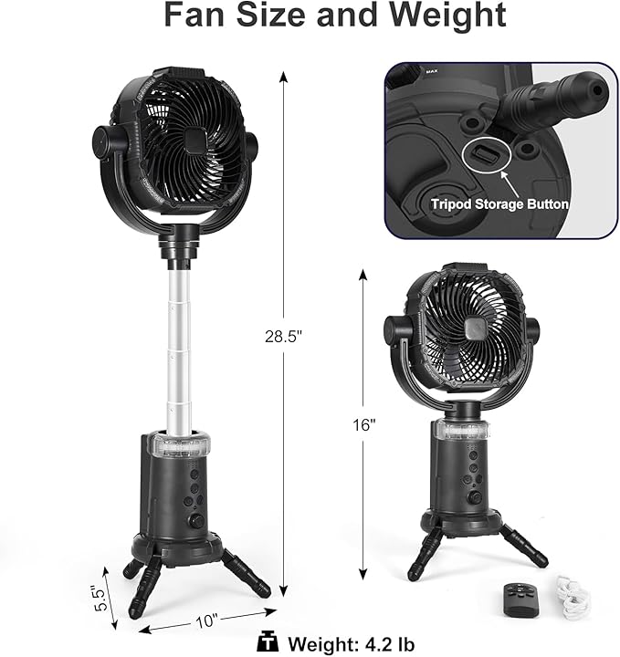 Odoland 20000mAh Camping Fan with Lantern, 360° Oscillation Table fan with Remote & Hook, Rechargeable Battery Operated Outdoor Power Fan with Light for Camp, Family Travel and Jobsite, Black