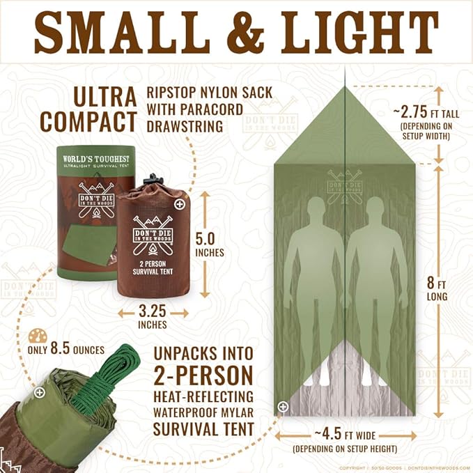 World's Toughest Ultralight Survival Tent • 2 Person Mylar Emergency Shelter Tube Tent + Paracord • Year-Round All Weather Protection for Hiking, Camping, & Outdoor Survival Kits