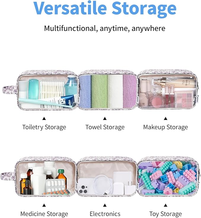 Narwey Clear Makeup Bag Cosmetic Bag with Zipper for Travel, Clear Toiletry Bags for Traveling Toiletries Women Men, Make Up Pouch with Handle, Skincare Bag (Little Dusty Pink Flower)
