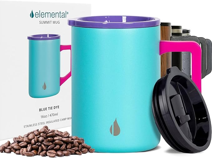 Elemental Insulated Coffee Mug - Triple-Wall Stainless Steel Summit Travel Cup for Hot and Cold Drinks - Thermal Coffee Mug with Lid and Handle for Camping, Office & Trave 16oz - Blue Tie Dye