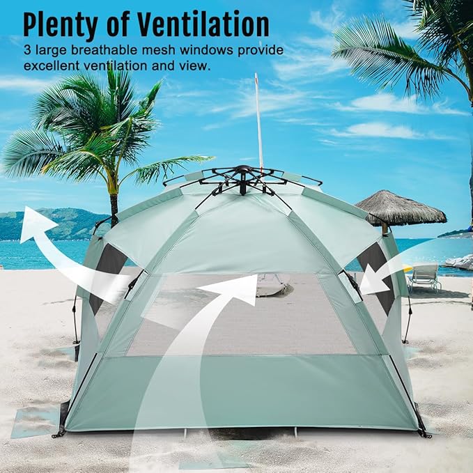 WhiteFang Deluxe Pop Up Beach Tent Sun Shade Shelter for 3-4/5-6 Person, UV Protection, Extendable Floor with 3 Ventilating Windows Plus Carrying Bag, Stakes, and Guy Lines