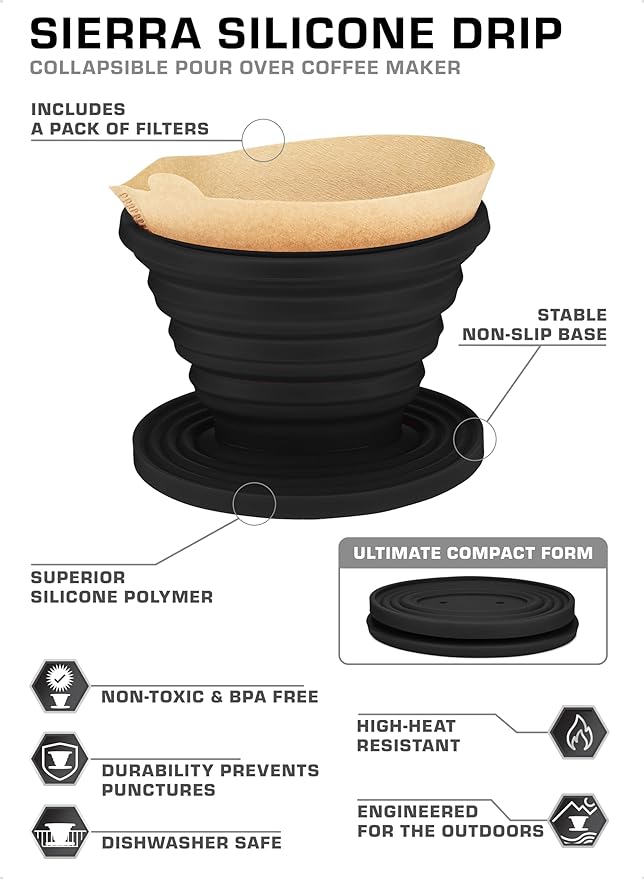 COLETTI Sierra Pour Over Coffee Dripper — Collapsible Pour Over Coffee Dripper — Includes Pack of Paper Filters [Black, Pack of 1]