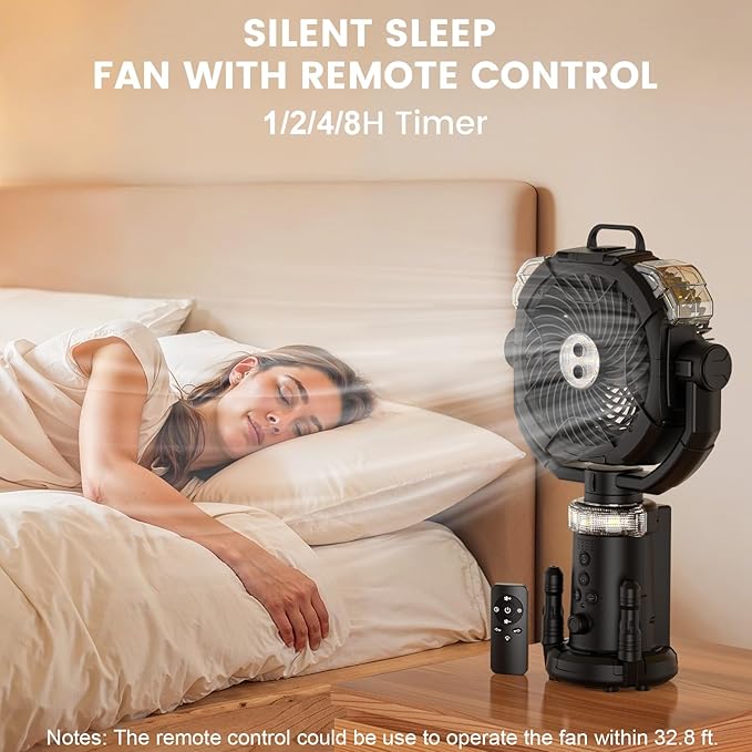 Camping Fan Rechargeable 330ml Portable Misting Fan 20000mah Battery Powered With Led Light Height Adjustable Remote Hook Oscillating Floor Outdoor Fan For Camping Patios, 2 Spray Mister, Black
