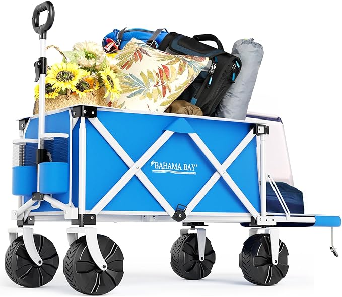 225lbs Extra Long 49" L Beach Wagon with Big Wheels for Sand, Collapsible Utility Beach Cart Heavy Duty Folding Wagon,Ideal for Outdoor Sand Camping Garden Pet