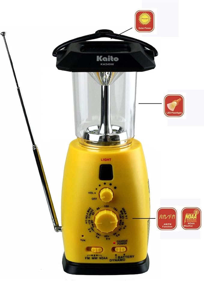 Kaito KA249W Multi-Functional Solar/Wind-up LED Camping Lantern with AM/FM NOAA Weather Radio & Cell Phone Charger, Color Yellow