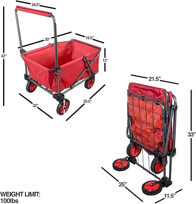 Zenithen Limited Portable Folding Work Wagon, Perfect for Camping, Beach Trips, and Sporting Events, Storable with an Adjustable Handle, Red (Pack of 1)