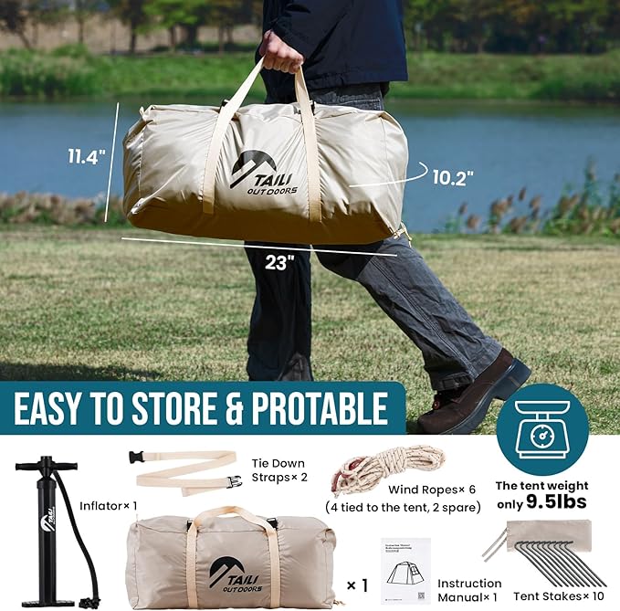 TAILI Inflatable Blow Up Tent for Camping with Hand Pump for 2/4/6/8 Person, Easy Setup Outdoor Inflatable Oxford Waterproof Air Tent House for Family Camping Adult