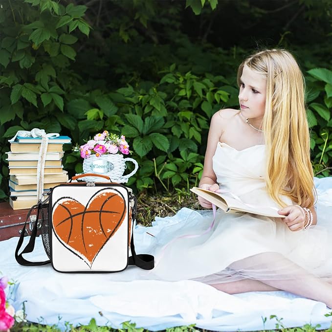 cfpolar Basketball Lunch Box for Boys Girls, Basketball Printed Insulated Lunch Bags for Kids Reusable Mini Cooler Lunch Tote Lunchbox Thermal Meal Tote Kit with Shoulder Strap for Work School Picnic