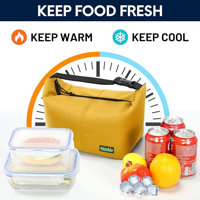 Haimont Small Insulated Lunch Bag for Men, Women, Portable Soft Cooler Bag with Buckle, Leakproof Lunchbox for Work, Travel, Camping, Hiking, Beach, Yellow