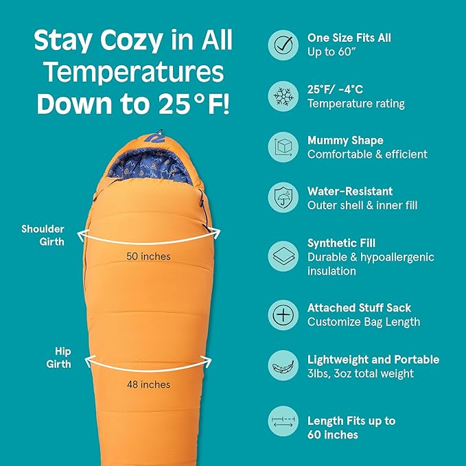 Retrospec Dream 25 Kids Mummy Sleeping Bag for Camping - Insulated, Water-Resistant, Lightweight