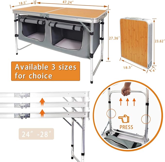 Folding Camping Table with Storage Lightweight Camp Tables Portable Indoor/Outdoor Collapsible Table Height Adjustable Camp Kitchen Perfect for Picnic, Beach, Travel, Tailgating, Backyards, BBQ, Party