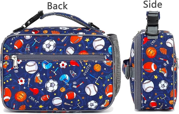 FlowFly Kids Lunch Bag, Durable Insulated School Lunch Box with Shoulder Strap and Bottle Holder, Water-resistant Thermal Small Lunch Cooler Tote for Teen Boys & Girls,Rugby