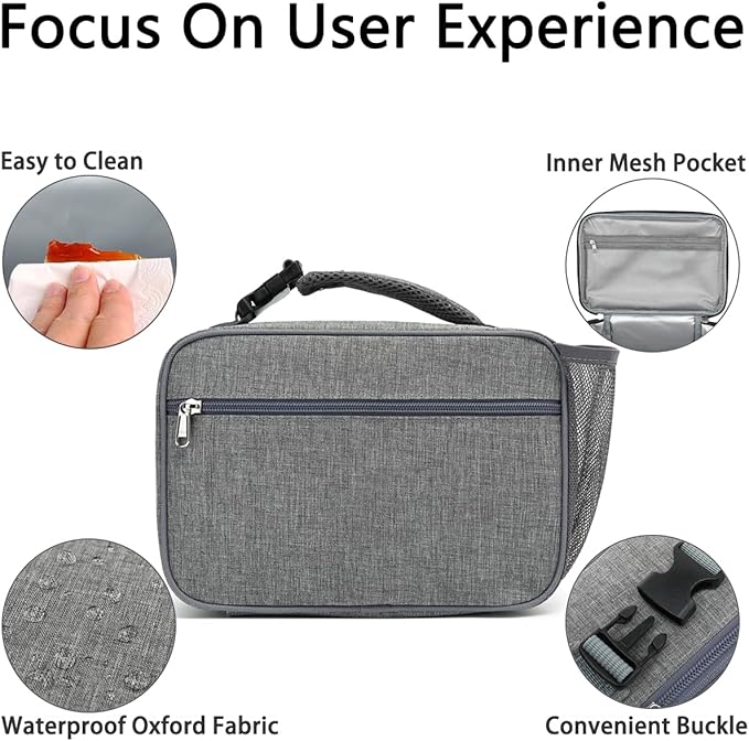 Insulated Lunch Box for School, Thermal Reusable Durable Freezable Lunch Bags for Kids Boys Girls Men Women - Small Soft Cooler Portable Lunch Tote Kit for Work Picnic Travel,Grey