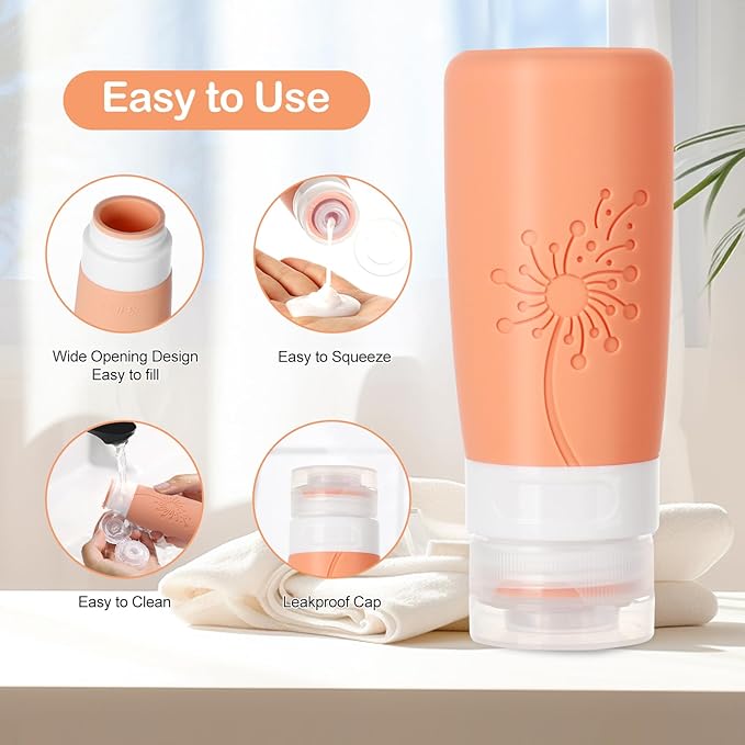 Empty 3 oz Travel Size Bottles Toiletries Containers for Toiletries Liquids，Small Silicone Mini Refillable Leak Proof TSA Approved Travel Bottles for Creams Shampoo and Conditioner Traveling