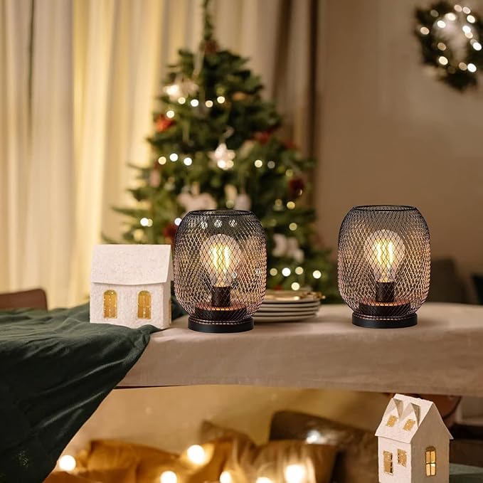 DECORKEY Set of 2 Battery Operated Lamp LED Table Lantern, Brown Metal Cage Cordless Lamps with LED Bulb，Vintage Decorative Outdoor Lantern for Weddings, Parties, Patio, Events for Indoors Shelf Decor