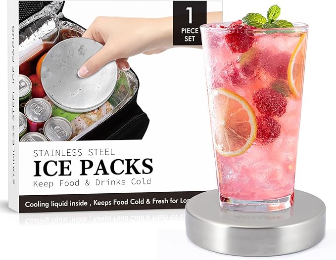 Small Ice Packs for Lunch Boxes, Stainless Steel Round Cold Packs for Cooler, Reusable Long Lasting Freezer Packs, Multi Use Cooler Accessories for Camping and Pain Relief (1 Pack)