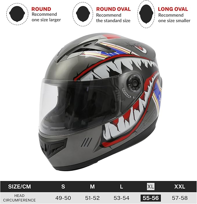 TCT-MOTORPARTS DOT Youth Kids Helmet Motocross ATV Full Face Helmets for Offroad Street Dirt Bike Go-Kart BMX MX Gray Shark Mouth X-Large
