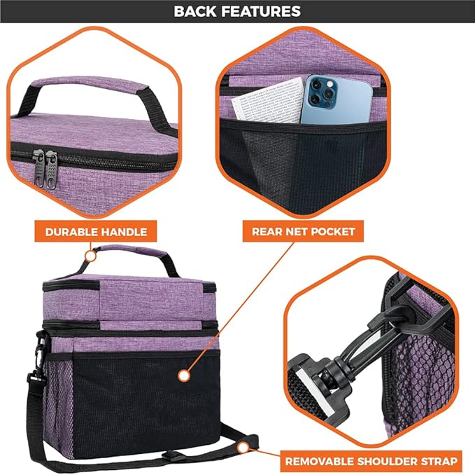 opux Insulated Lunch Bag for Men Women, Large Dual Compartment Cooler Bag, Soft Two Deck Lunch Box for Work School Picnic, Leakproof Lunch Tote with Shoulder Strap for Kid Adult (Purple, Double Deck)