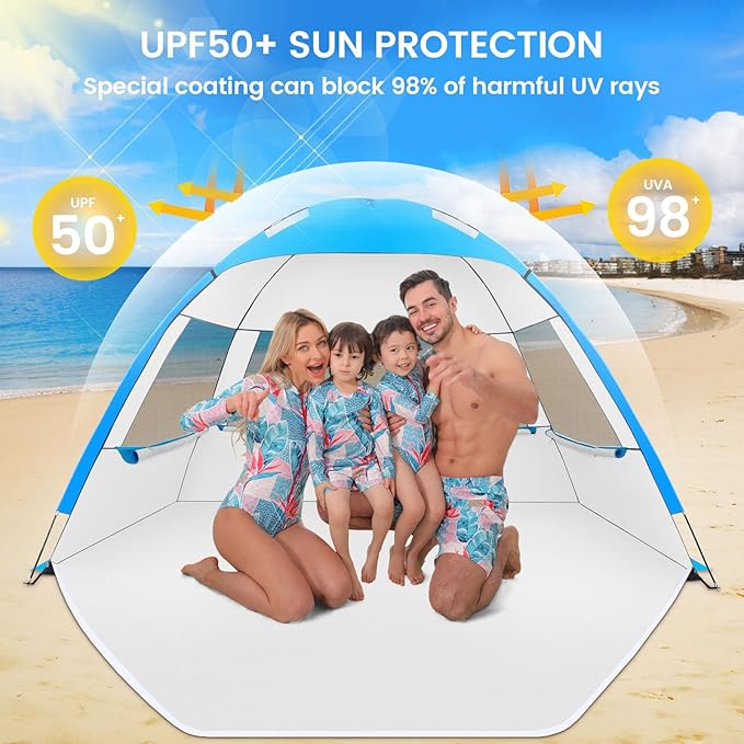 Beach Tent Sun Shelter for 3/4 Person, UPF 50+ UV Protection Beach Canopy, Lightweight & Easy Setup Beach Shade Canopy, Portable Beach Cabana