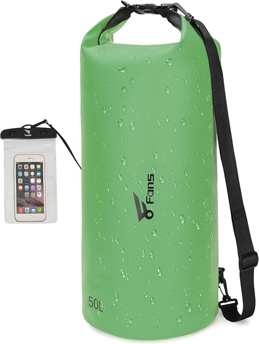 8 Fans Dry Bag Backpack Waterproof,50L Roll Top Bag with Phone Case, Perfect for Floating,Travel,Swimming,Boating,Kayaking,Camping,and Beach Activities(No Valves, Green)