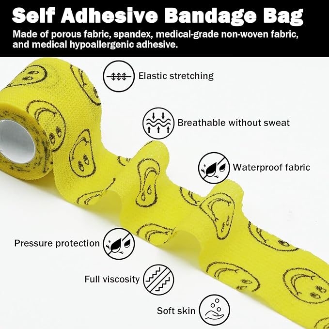 First Aid Bandages Cohesive Wrap Adhesive Self Adherent Tape - Colorful Bandages (Yellow Smile, 2-Inch)