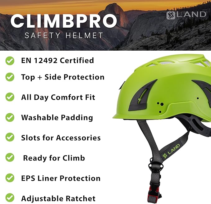 Land Helmets ClimbPro Helmet EN 12492 Vented for Rock Climbing – Durable, Lightweight Shell, Adjustable Chin Strap, Perfect for Outdoor Adventure with Universal Accessory Slots