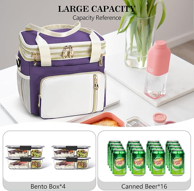 LOKASS Lunch Box for Women-16L-Insulated Lunch Bag Women, Expandable Double-layer Leakproof Cooler Bag with Upgrade Adjustable Shoulder Strap Ideal for Work/Picnics（Purple）