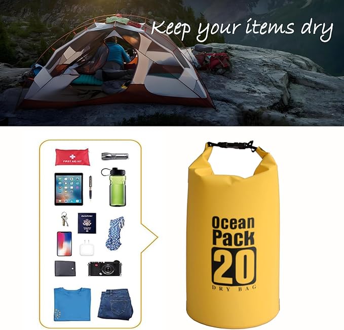 Floating Waterproof Dry Bag Backpack 5L/10L/20L, Roll Top Bag for Kayaking, Rafting, Boating, Swimming, Camping, Hiking, Beach, Fishing, Waterproof Beach Bag. (Yellow, 20L)