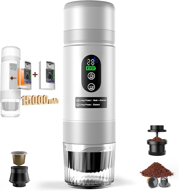 Portable Coffee Machine with 2 Removable rechargeable Batteries 15,000mAh, Electric Coffee Maker for Camping & Travel, 80ml Hot/Cold Coffee, 20bar, USB-C Espresso Machine, Camping Coffee Makers White