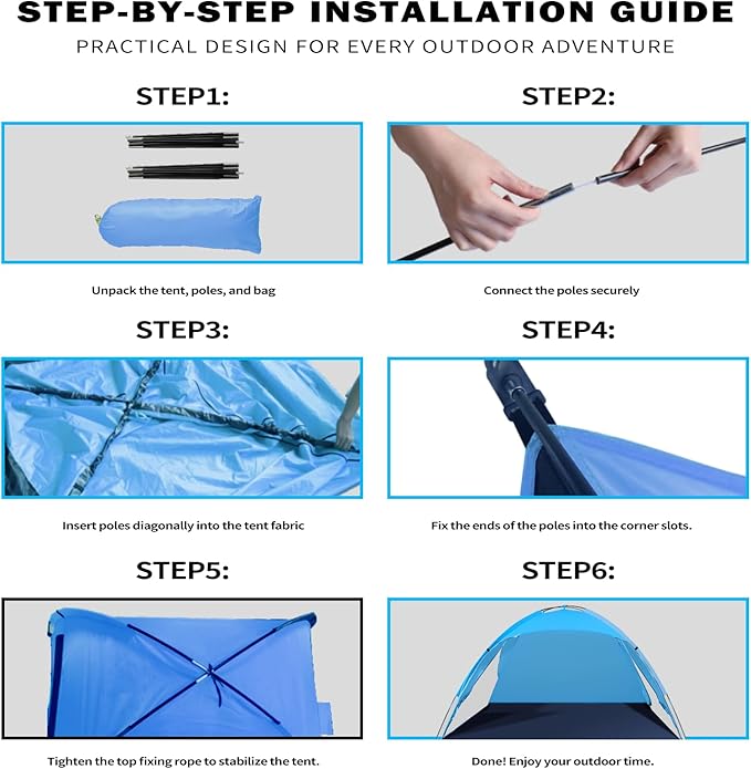 Beach Tent for 3-4 People, UPF50+ Sun Shelter with Breathable 3-Zipper Door Design, 8.0mm Reinforced Fiberglass Poles, Portable Shade Canopy for Beach & Camping (Blue)