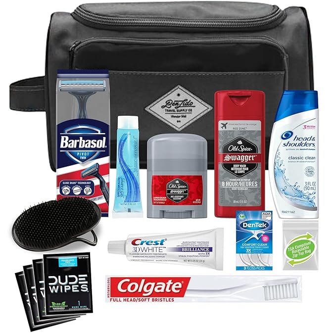 Convenience Kits International Men's Premium 15-Piece Kit wth Travel Size TSA Compliant Essentials, Featuring: Head & Shoulders Dandruff Shampoo Classic Clean and Palm Scalp Brush in Black Dopp Bag