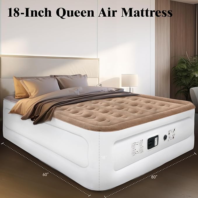 Air Mattress Queen with Built in Pump, 18 inch Luxury Double High Air Bed Fast Inflation/Deflation, Portable Inflatable Blow up Mattress with Carry Bag for Camping, Home&Guests, 650lb MAX