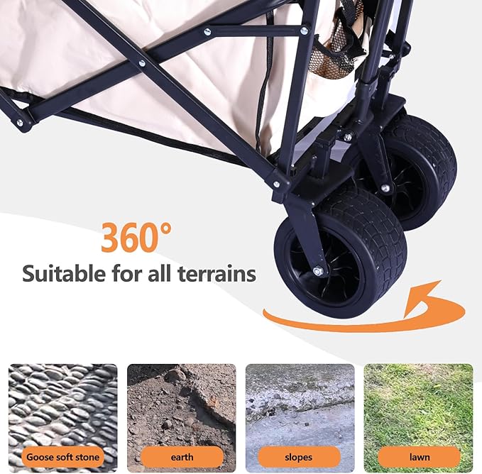 10 Inch Dual Brake Wheels Camping Cart，Collapsible Foldable Wagon, Beach Cart Large Capacity, Heavy Duty Folding Wagon Portable, Collapsible Wagon for Sports, Shopping Cart (Khaki)