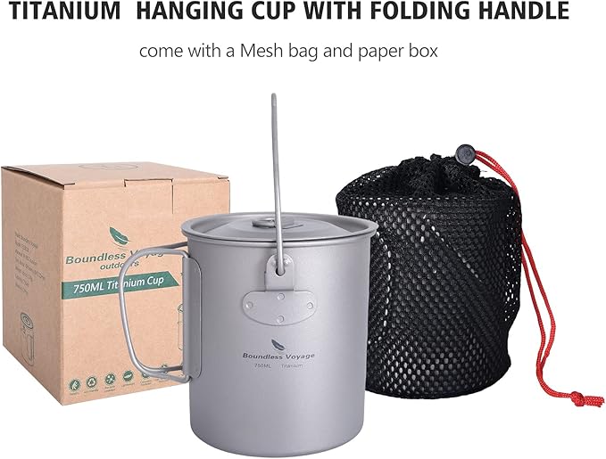 iBasingo 750ml Titanium Mug Camping Hanging Pot with Lid Ultralight Outdoor Travel Tea Coffee Water Cup Portable Hiking Picnic Backpacking Cooking Kit with Foldable Handle Ti3038D