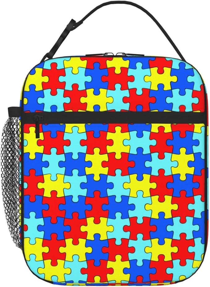 Colorful Puzzle Rainbow Piece Insulated Lunch Bag Reusable Cooler Lunch Box Portable Leakproof Thermal Container Tote Bags for Girls Boys School Travel