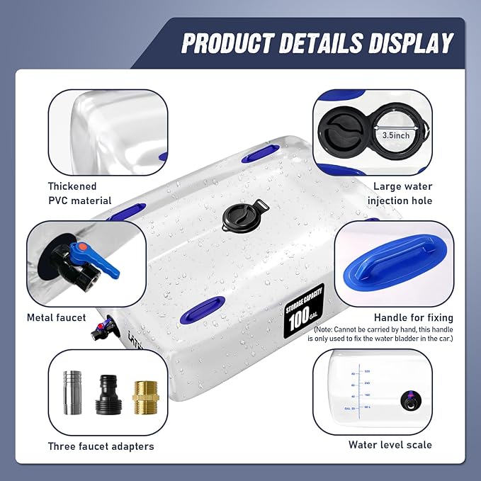 Water Storage Bladder, 25/50/100 Gallon Portable Water Tank, Transparent and Foldable with 4 Types of Interface Accessories, Suitable for Gardens, Emergency Situations, Camping, Etc.