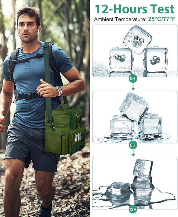 Tactical Lunch Box for Men, Large Insulated Bag Adult, Heavy Duty Double Deck Expandable Cooler Leakproof Waterproof Tote Work Office Camping Travel - Green, LB-KH0606