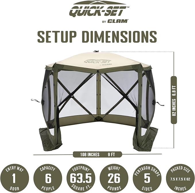 CLAM Pop Up Screen Tent, Outdoor Camping Gazebo Canopy, Venture, 9', Green/Tan