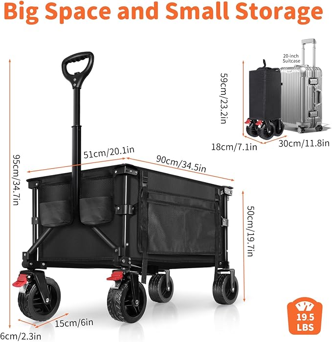 BELEEV Collapsible Wagon Cart, Heavy Duty Foldable Utility Cart with 6" All-Terrain Big Wheels, 130L Large Capacity, Side Pocket & Drink Holders for Beach Grocery Garden Camping Sports Shopping(Black)