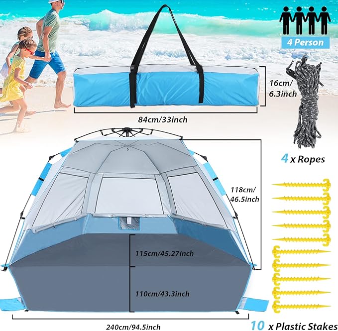 Beach Tent Instant Pop up Sun Shade Shelter for 4-6 Person with UV Protection，Extended Floor，3 Mesh Roll Up Windows with Carry Bag, Sandbags, Stakes(Sky Blue)