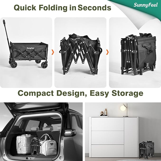 SunnyFeel 330lbs Wagons Carts Foldable,Heavy Duty Collapsible Folding Wagon Carts with Wheels,Lightweight Fold Up Wagon Cart for Outdoor Camping Shopping Sports Beach Garden Grocery
